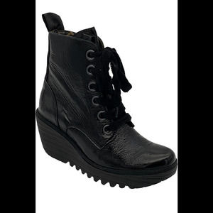 FLY London Leather Lace-Up Boots Yage Black Patent - Medium